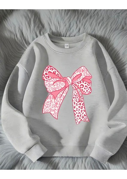 Pembe Kurdele Baskı Detaylı Bisiklet Yaka Içi Polarlı Sweatshirt