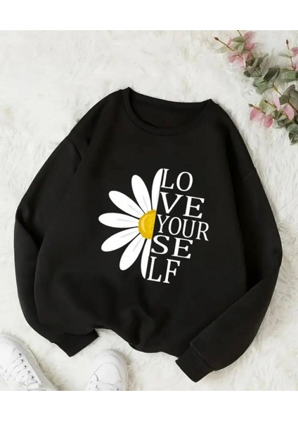 Papatya Baskı Detaylı Bisiklet Yaka Içi Polarlı Sweatshirt