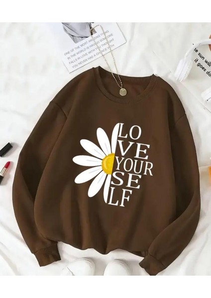 Papatya Baskı Detaylı Bisiklet Yaka Içi Polarlı Sweatshirt