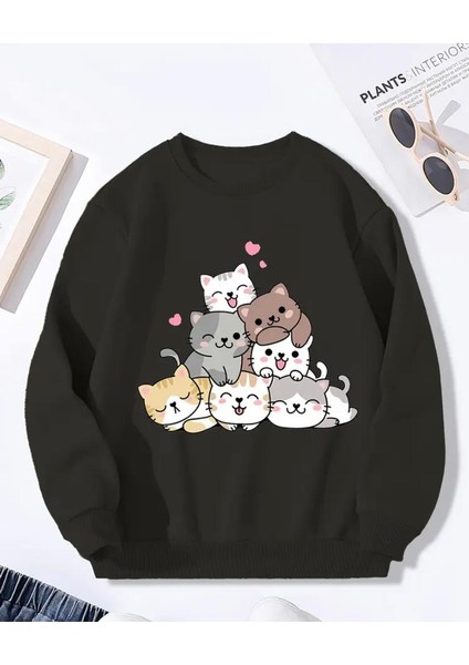 Sevimli Kedi Detaylı Bisiklet Yaka Içi Polarlı Sweatshirt
