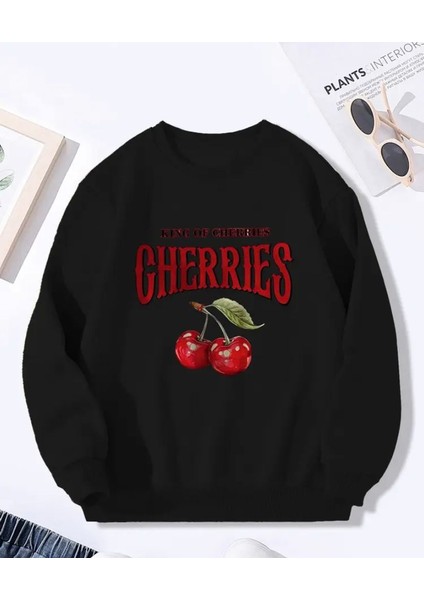 Cherries Baskı Detaylı Bisiklet Yaka Içi Polarlı Sweatshirt
