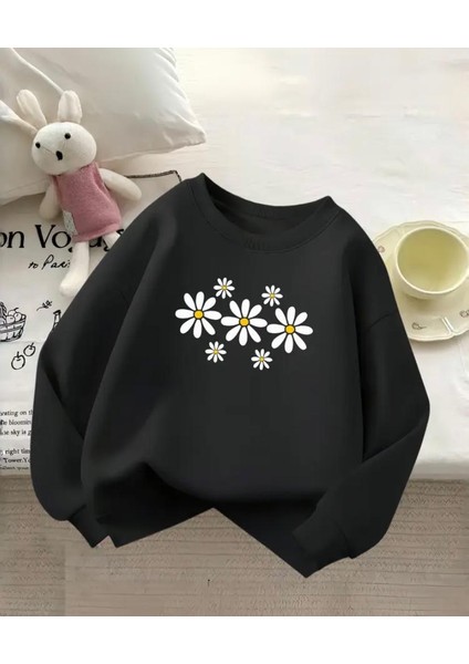 Papatya Baskı Detaylı Bisiklet Yaka Içi Polarlı Sweatshirt