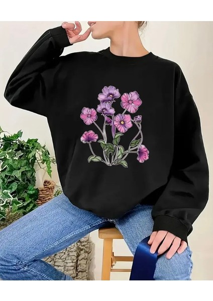 Mor Çiçek Demeti Baskı Detaylı Bisiklet Yaka Içi Polarlı Sweatshirt