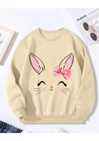Sevimli Tavşan Baskı Detaylı Bisiklet Yaka Içi Polarlı Sweatshirt