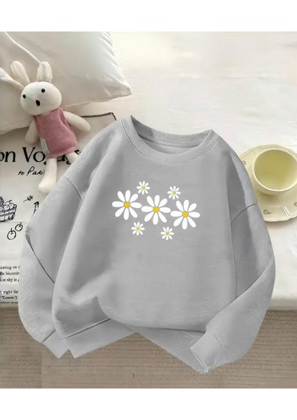 Papatya Baskı Detaylı Bisiklet Yaka Içi Polarlı Sweatshirt