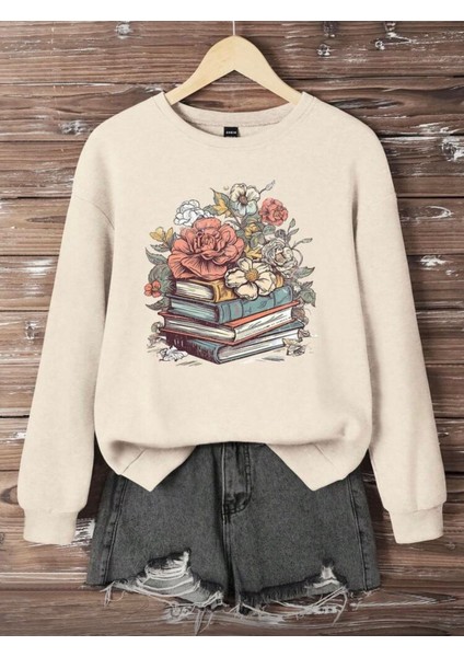 Kitap ve Çiçek Baskı Detaylı Bisiklet Yaka Içi Polarlı Sweatshirt