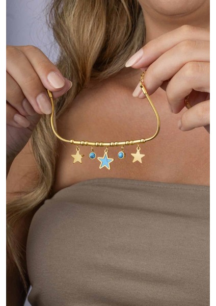 Firuze Taşlı Yıldız Figürlü Altın Kaplama Çelik Kadın Charm Bileklik