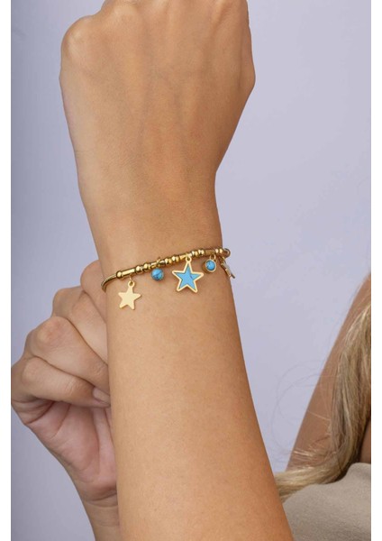 Firuze Taşlı Yıldız Figürlü Altın Kaplama Çelik Kadın Charm Bileklik fiyatları