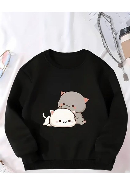 Kedi Baskılı Bisiklet Yaka Içi Polarlı Sweatshirt