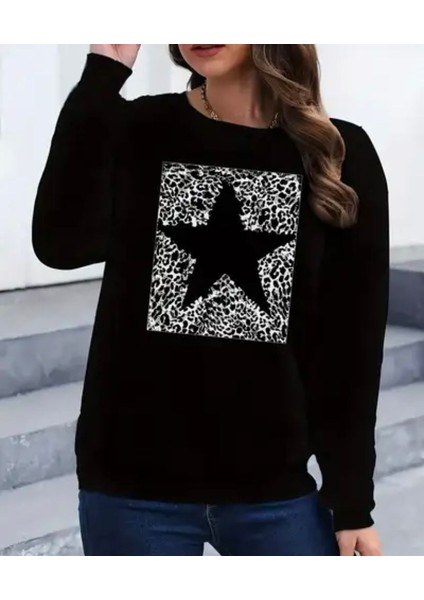 Yıldız Baskı Detaylı Bisiklet Yaka Içi Polarlı Sweatshirt