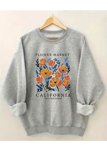 Çiçekler Baskı Detaylı Bisiklet Yaka Içi Polarlı Sweatshirt
