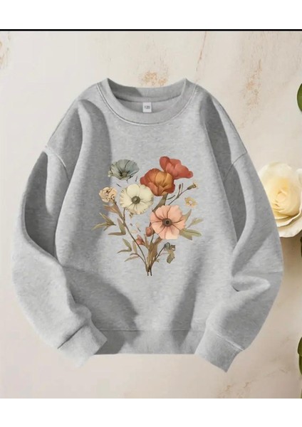 Çiçek Demeti Baskı Detaylı Bisiklet Yaka Içi Polarlı Sweatshirt