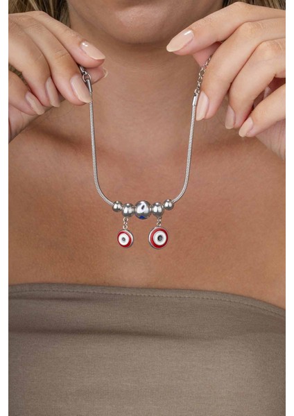 kırmızı Mineli Göz Figürlü Beyaz Altın Kaplama Çelik Kadın Charm Bileklik