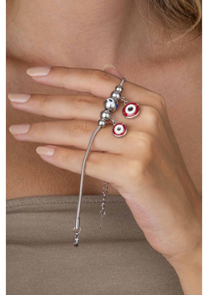 kırmızı Mineli Göz Figürlü Beyaz Altın Kaplama Çelik Kadın Charm Bileklik fiyatları