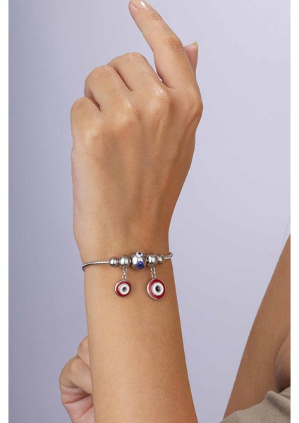 kırmızı Mineli Göz Figürlü Beyaz Altın Kaplama Çelik Kadın Charm Bileklik modelleri