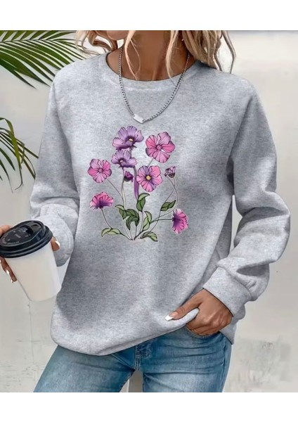 Mor Çiçek Demeti Baskı Detaylı Bisiklet Yaka Içi Polarlı Sweatshirt