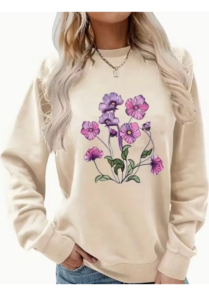 Mor Çiçek Demeti Baskı Detaylı Bisiklet Yaka Içi Polarlı Sweatshirt