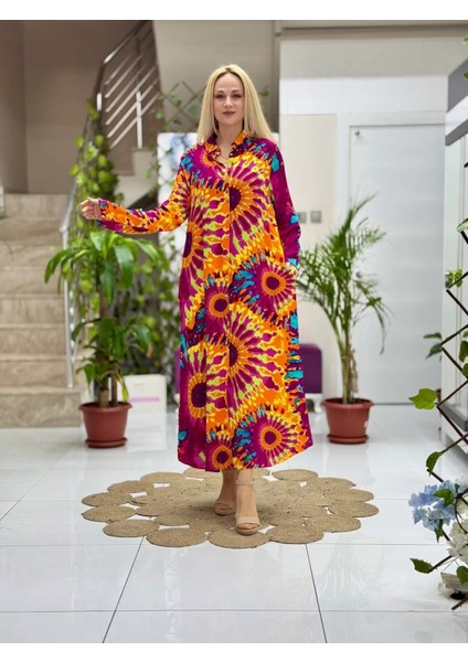 SLN31106 Pamuk Viskon Boydan Düğmeli Uzun Selin Elbise