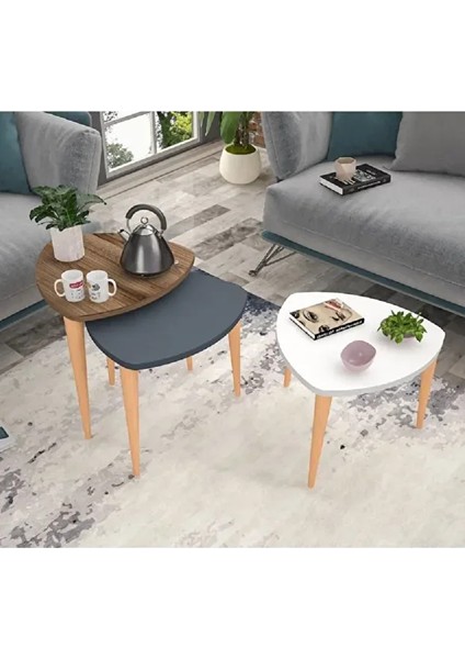 Flora Roll Sehpa Ahşap Ayaklı Üçlü Zigon