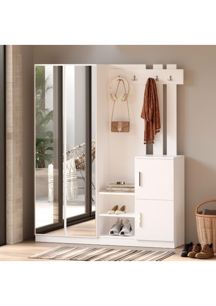 Wood Aynalı Askılı Kapaklı Vestiyer Portmanto Ayakkabılık Beyaz