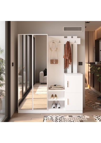 Wood Aynalı Askılı Kapaklı Vestiyer Portmanto Ayakkabılık Beyaz fiyatları