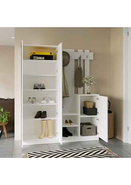 Wood Aynalı Askılı Kapaklı Vestiyer Portmanto Ayakkabılık Beyaz modelleri
