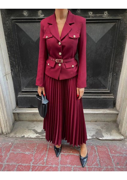 Bordo Kemerli Blazer Ceket ve Pilliseli Takım