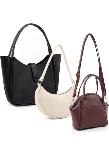 Siyah /krem /bordo SHK252 Suni Deri El Kol ve Omuz 3'lü Çanta Seti (SHK79-SHK26-SHK132)