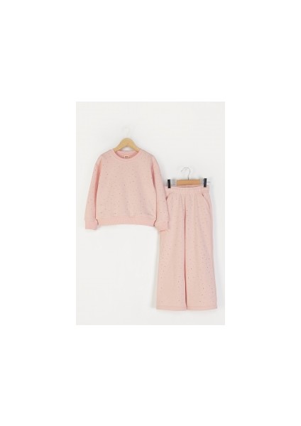 Kız Çocuk 2’li Taş Detaylı Alt-Üst Takım Beli Lastikli Rahat Kesim Eşofman Takım