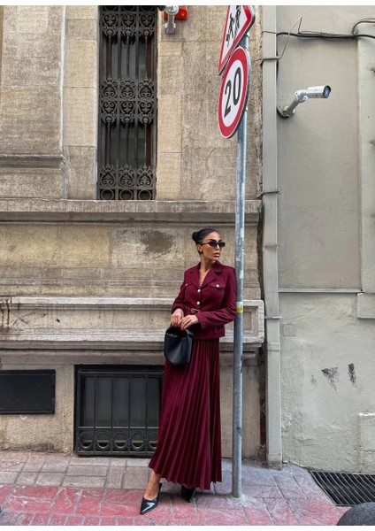 Bordo Kemerli Blazer Ceket ve Pilliseli Takım fiyatları