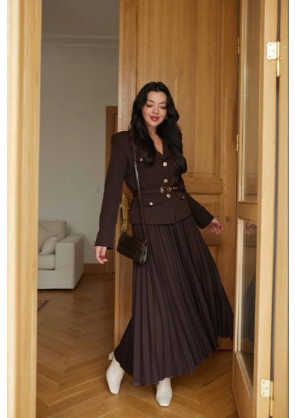 Kahverengi Kemerli Blazer Ceket ve Piliseli Takım fiyatları