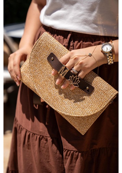 Change Acı Kahve Charm Detaylı Hasır Clutch Kadın Çanta
