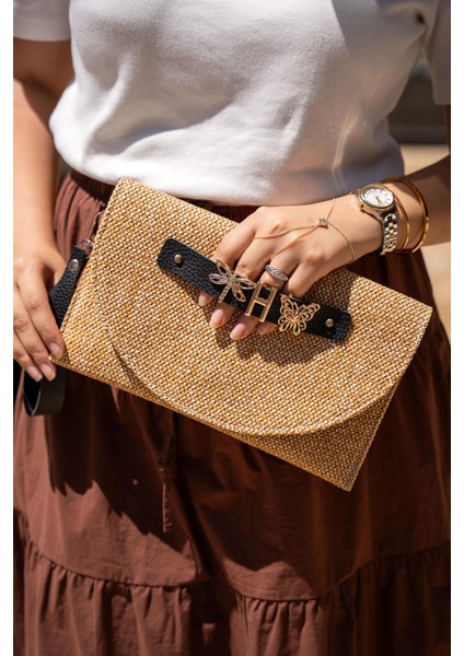 Change Siyah Charm Detaylı Hasır Clutch Kadın Çanta