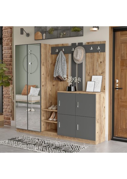 BelizeAynalı Askılı Kapaklı Vestiyer Portmanto Ayakkabılık Çam-Antrasit Gri