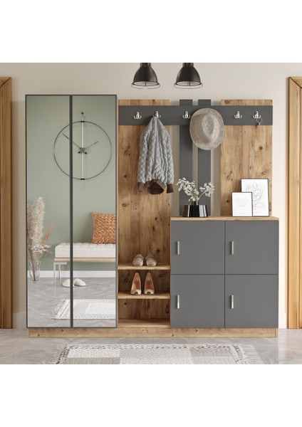 BelizeAynalı Askılı Kapaklı Vestiyer Portmanto Ayakkabılık Çam-Antrasit Gri fiyatları