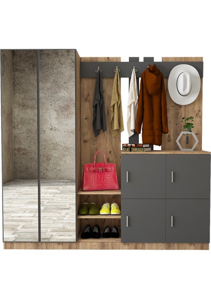 BelizeAynalı Askılı Kapaklı Vestiyer Portmanto Ayakkabılık Çam-Antrasit Gri modelleri