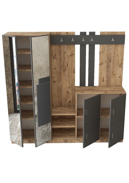 BelizeAynalı Askılı Kapaklı Vestiyer Portmanto Ayakkabılık Çam-Antrasit Gri fırsatları