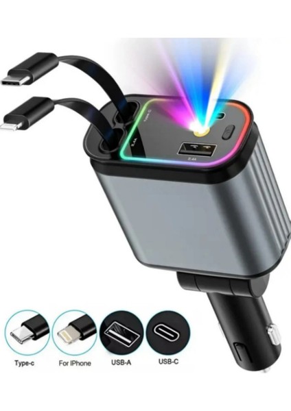 S Spiface 66W Type-C Lightning Apple ve Samsung Için Çekilebilir Ledli Kablolu Hızlı Şarj Araç Telefon Şarj Aleti