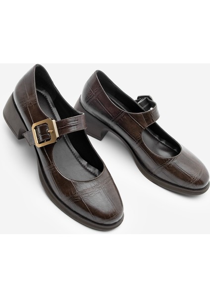Kadın Tokalı Kalın Topuk Günlük Ayakkabı Loafer Meniz Kahve Croco