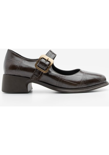 Kadın Tokalı Kalın Topuk Günlük Ayakkabı Loafer Meniz Kahve Croco modelleri