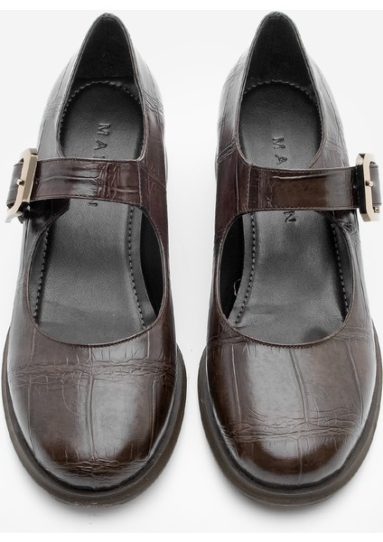 Kadın Tokalı Kalın Topuk Günlük Ayakkabı Loafer Meniz Kahve Croco