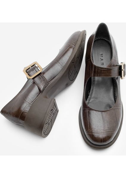 Kadın Tokalı Kalın Topuk Günlük Ayakkabı Loafer Meniz Kahve Croco