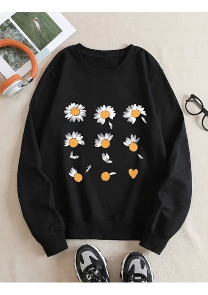 Papatya Desen Detaylı Bisiklet Yaka Içi Polarlı Sweatshirt