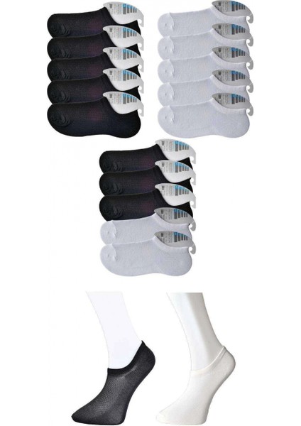 Siyah ve Beyaz Erkek Görünmez Çorap 15 Çift