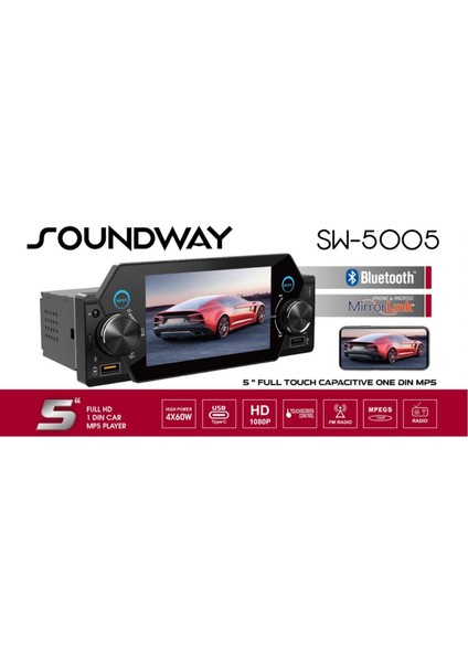 SW-5005 Oto Teyp 5 Inch Tek Din Full Hd Dokunmatik Ekran Mp5/bt/mirror LINK/USB/4*60W/FM