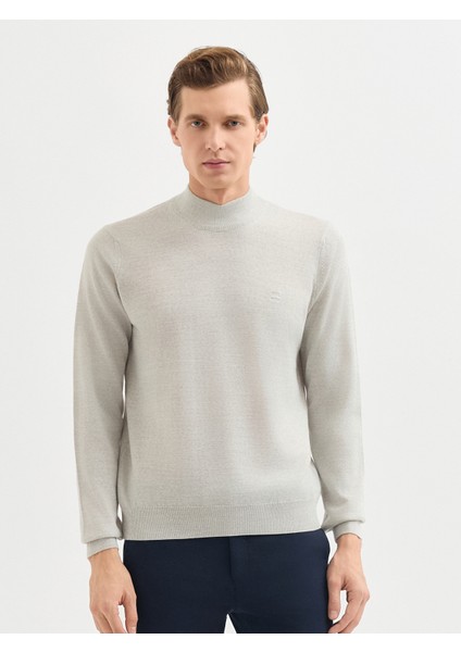 Erkek Regular Fıt Triko Kazak-Açık Gri Melanj