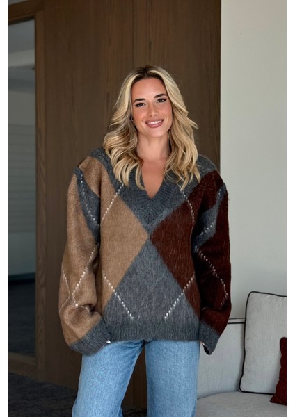 Antrasit - Kahverengi Baklava Desenli Kazak - 25799