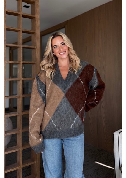 Antrasit - Kahverengi Baklava Desenli Kazak - 25799 fiyatları