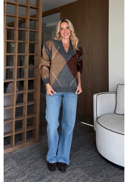 Antrasit - Kahverengi Baklava Desenli Kazak - 25799 modelleri