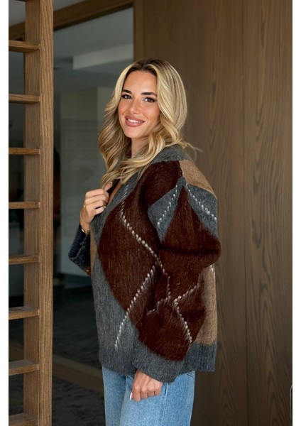 Antrasit - Kahverengi Baklava Desenli Kazak - 25799 fırsatları